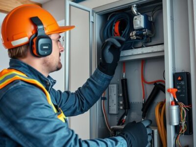Elektriker bei der Elektroinstallation in einem Neubau in Niedersachsen