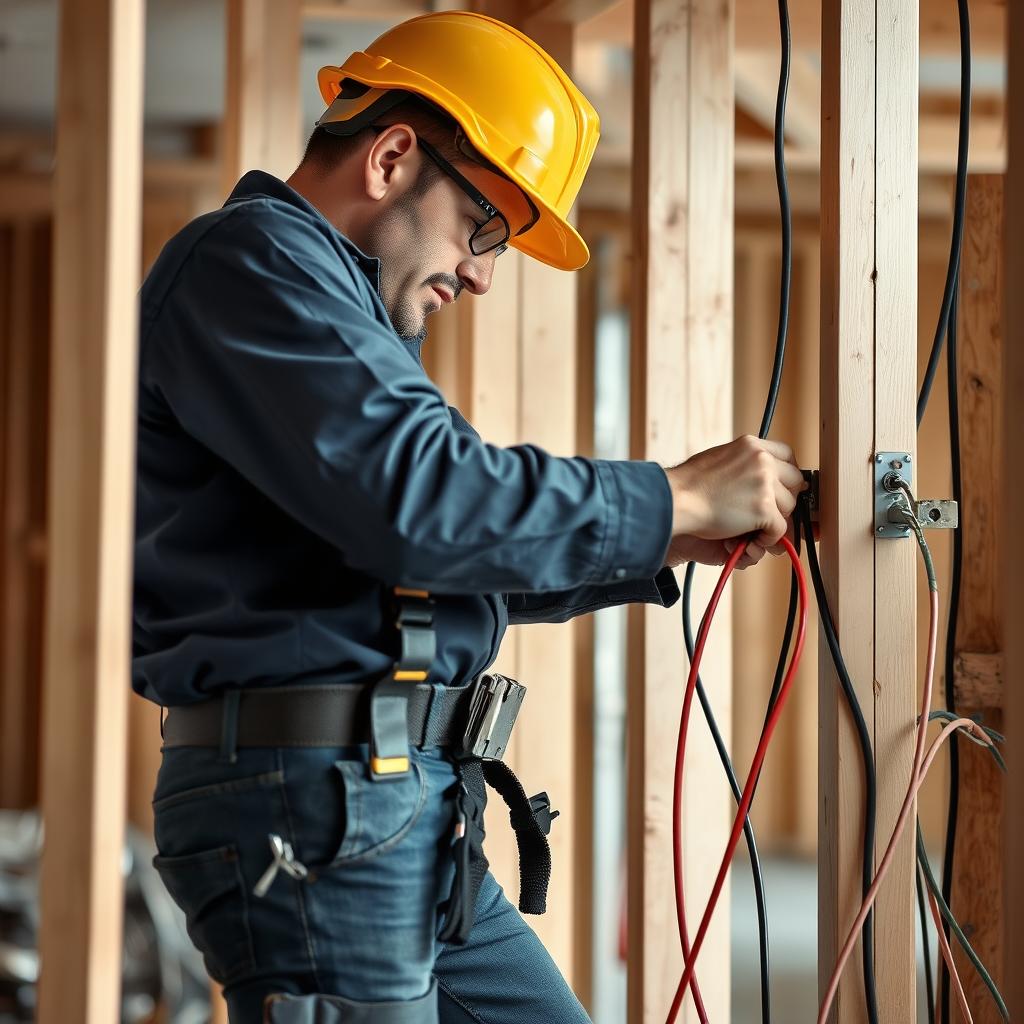 Elektriker bei der Installation einer neuen Elektroanlage in einem Neubau