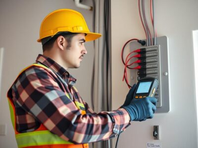 Elektriker führt eine Elektroprüfung & Sicherheitscheck in einem Wohnhaus durch