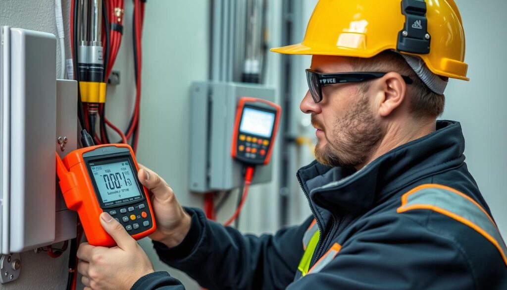 Elektriker vom Fachbetrieb bei der Prüfung einer Elektroinstallation nach DIN VDE Standards