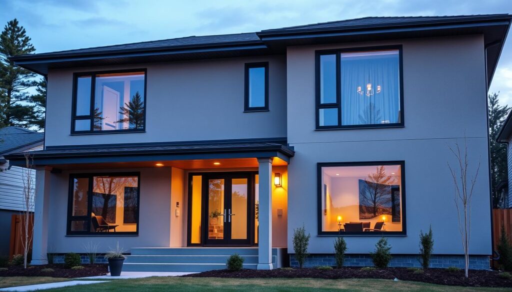 Energieeffizientes Haus mit fachgerecht montierten Fenstern im Neubau