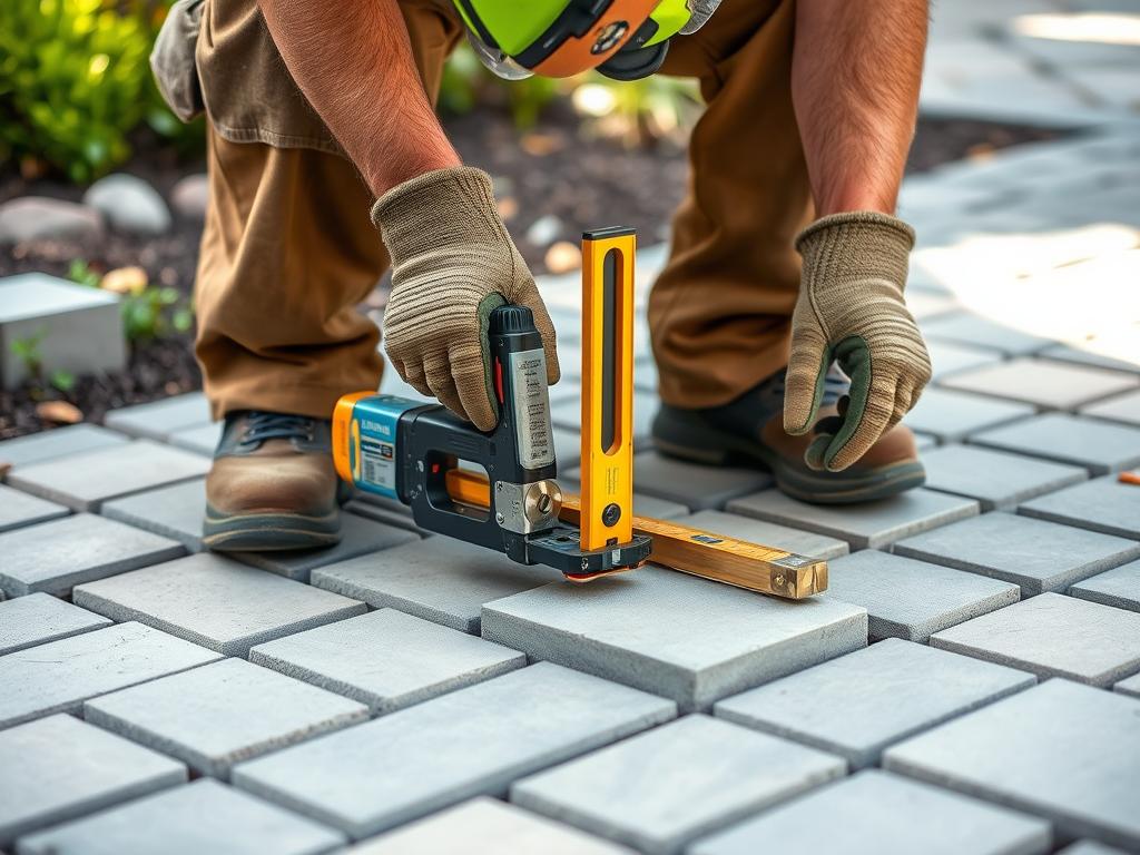 Facharbeiter beim Verlegen von Pflastersteinen für eine Einfahrt mit präzisen Werkzeugen