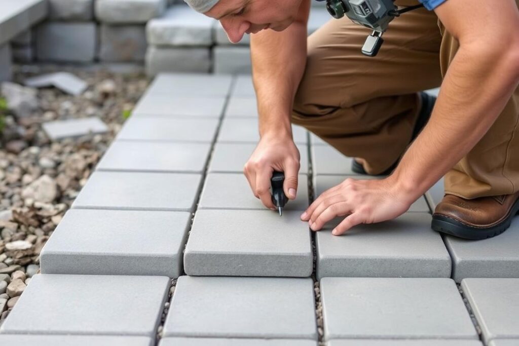 Fachmann beim präzisen Verlegen von Pflastersteinen für eine Terrasse