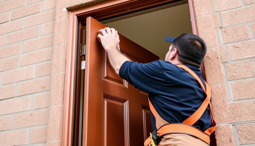 Fachmann beim professionellen Einbau einer Haustür Fachmann beim professionellen Einbau einer Haustür