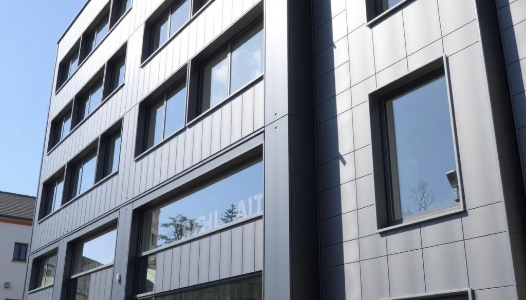 Fassadenverkleidung aus Metall an einem modernen Gebäude in Niedersachsen