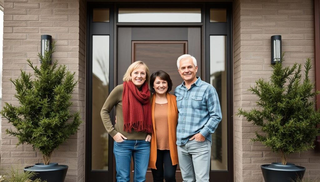 Fertig installierte moderne Haustür mit zufriedenen Hausbesitzern Fertig installierte moderne Haustür mit zufriedenen Hausbesitzern
