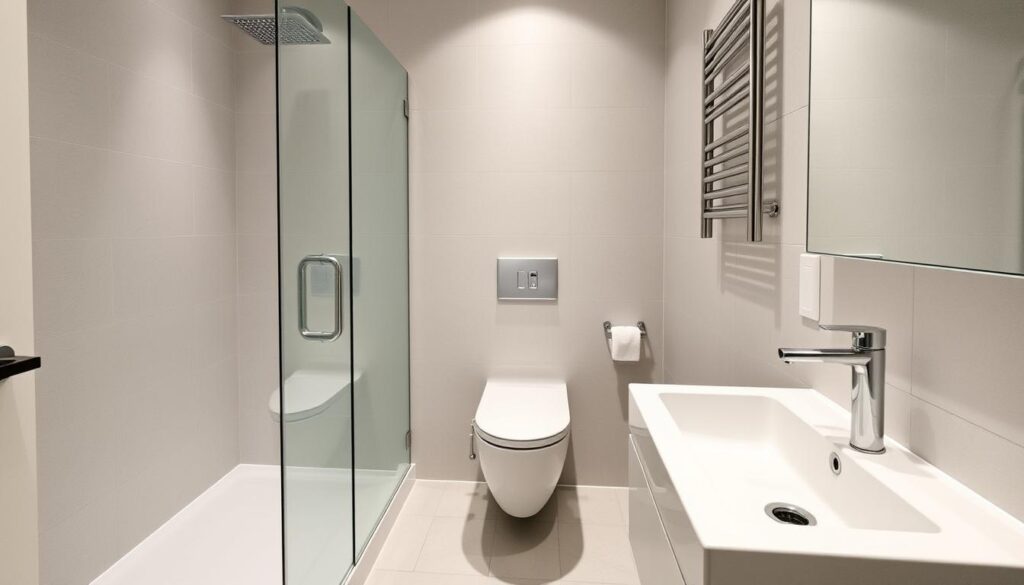 Fertig installiertes modernes Badezimmer mit hochwertigen Sanitärinstallationen