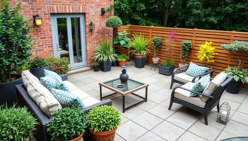 Fertige Terrasse mit Möbeln und Pflanzen nach dem Terrassenbau