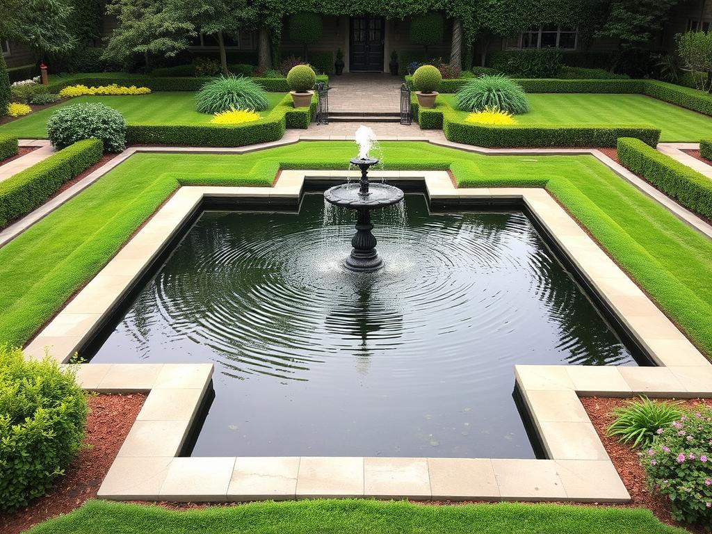 Formaler Gartenteich mit Springbrunnen