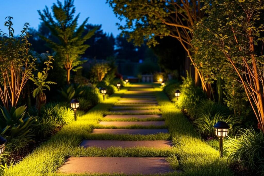 Gartenweg mit installierten LED-Wegeleuchten bei Dämmerung