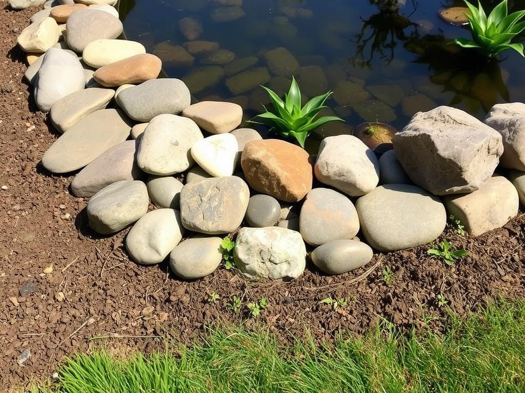 Gestaltung des Teichrands mit Steinen und Pflanzen