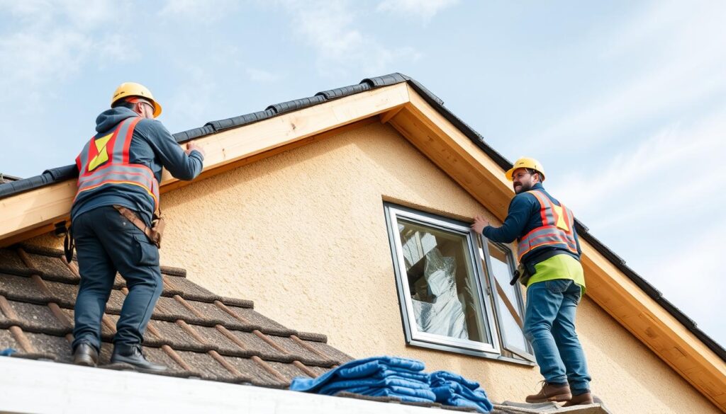 Handwerker bei der Installation einer Dachisolierung in Niedersachsen