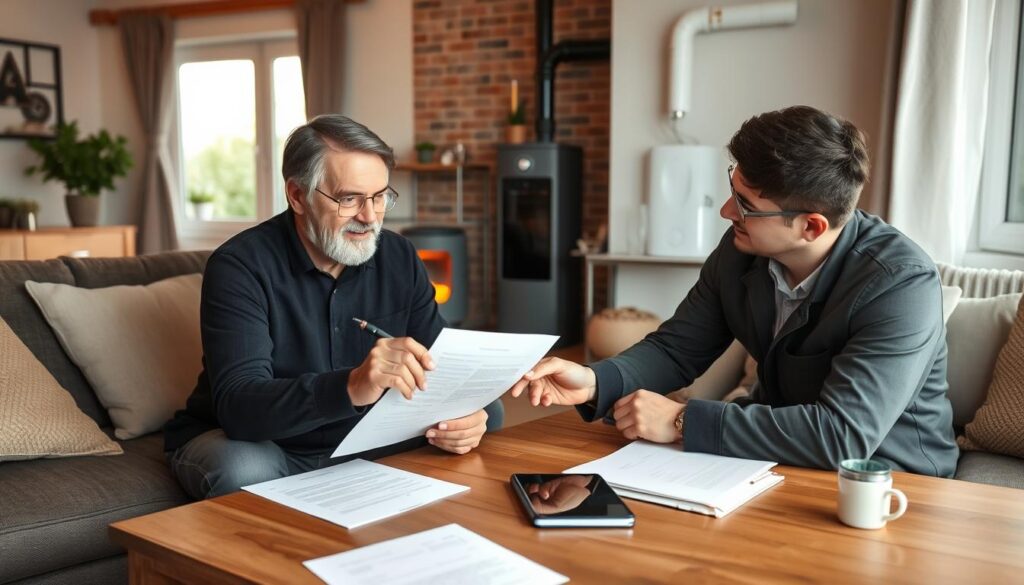 Hausbesitzer in Niedersachsen unterschreibt einen Heizungswartungsvertrag mit einem Fachmann