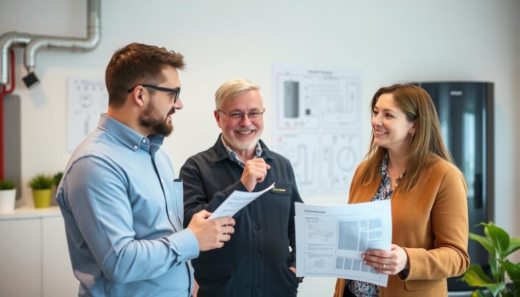 Heizungsfachmann in Niedersachsen berät einen Kunden zu Wartungsoptionen