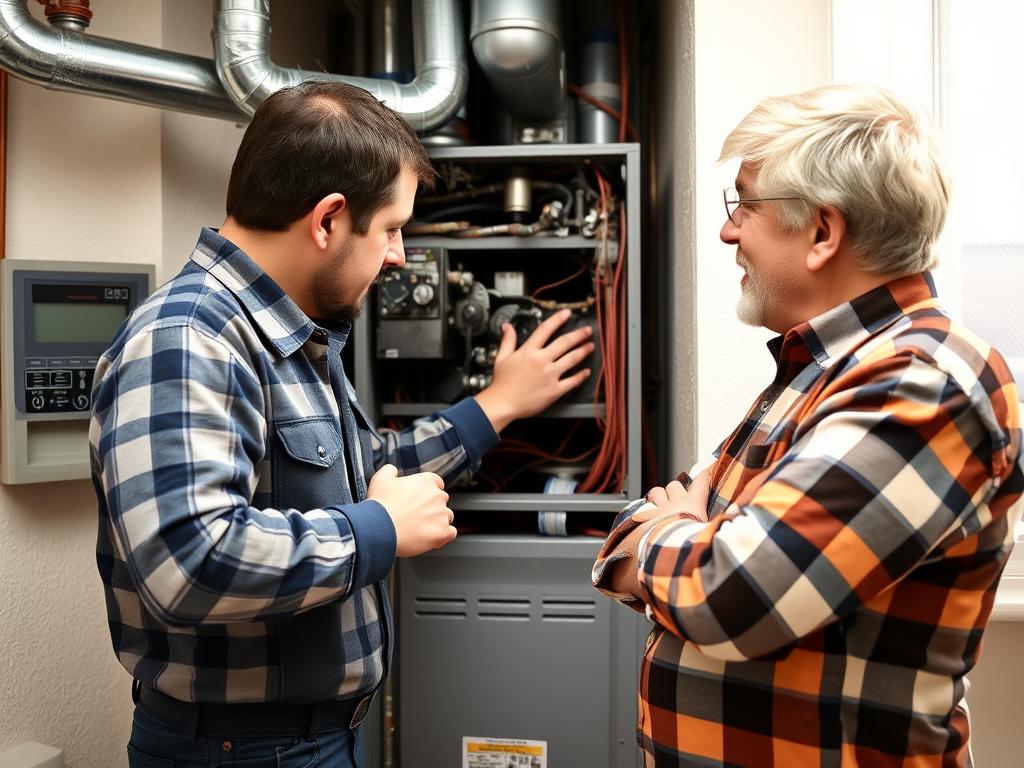 Heizungstechniker erklärt einem Kunden die Reparatur an der Heizungsanlage