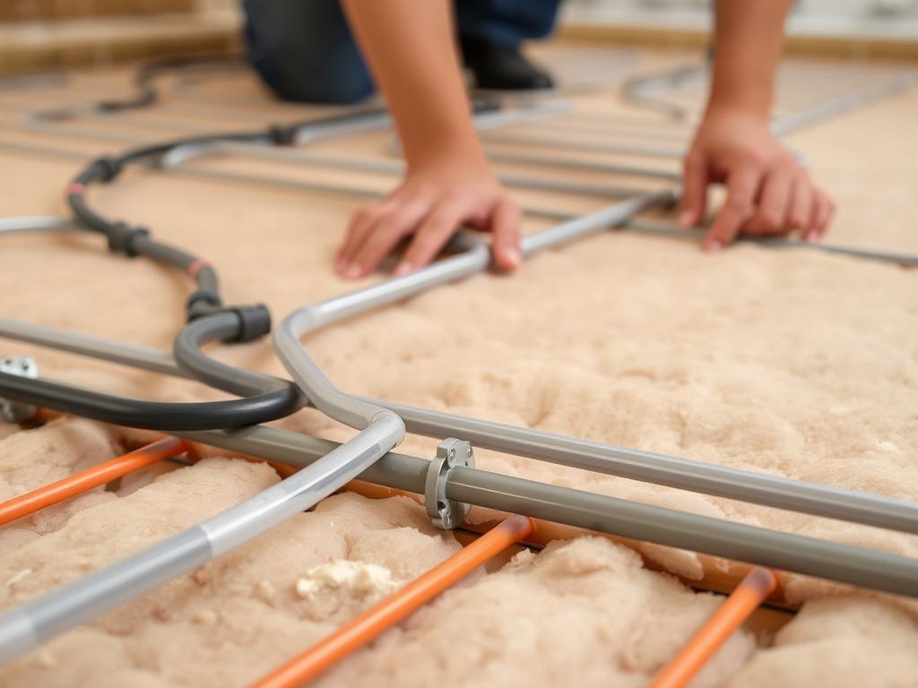 Installation einer wasserführenden Fußbodenheizung mit Rohren auf Dämmplatten