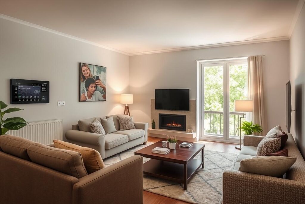 Komfortables Wohnzimmer mit moderner Haustechnik und Smart Home Steuerung