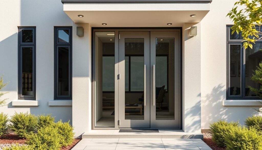 Moderne Haustür aus Aluminium mit Glaselementen und LED-Beleuchtung Moderne Haustür aus Aluminium mit Glaselementen und LED-Beleuchtung