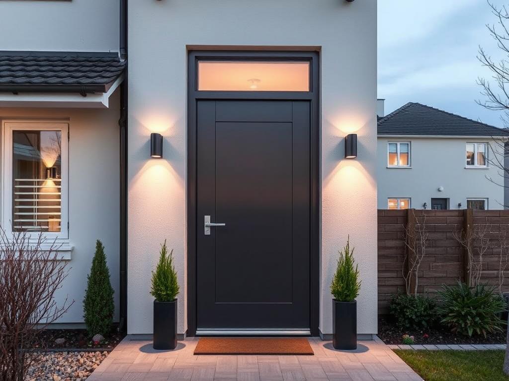 Moderne Haustür aus Aluminium mit Sicherheitsglas in einem Hannoveraner Wohngebiet
