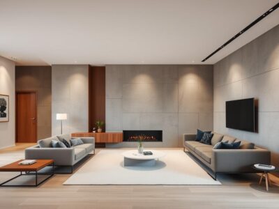 Moderne Wandgestaltung mit Betonoptik in einem Wohnzimmer in Hannover