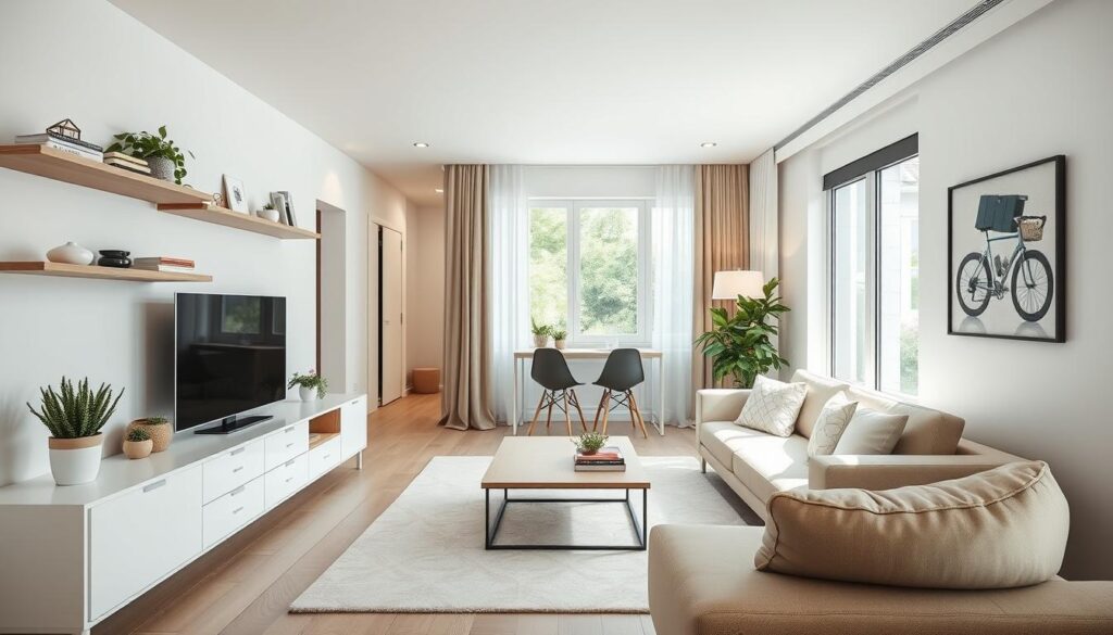 Moderne Wohnzimmergestaltung nach einer Wohnung renovieren mit hellen Farben und optimaler Raumnutzung