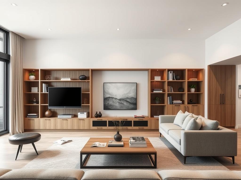 Modernes Wohnzimmer mit maßgefertigten Einbauten in Niedersachsen