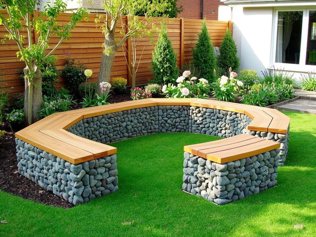 Niedrige Gabionen-Sitzelemente in einem Garten in Hannover