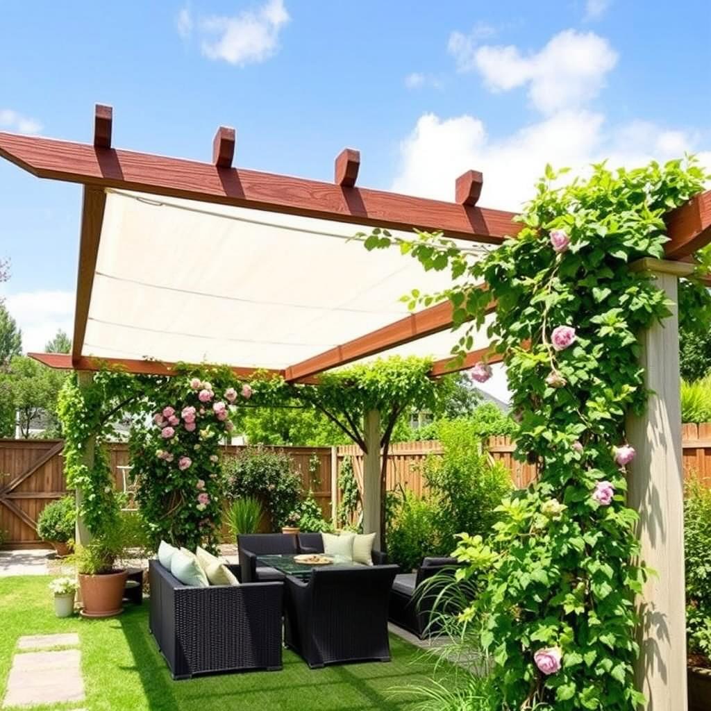 Pergola mit Regenschutz und Kletterpflanzen für Gartenplanung & Gestaltung