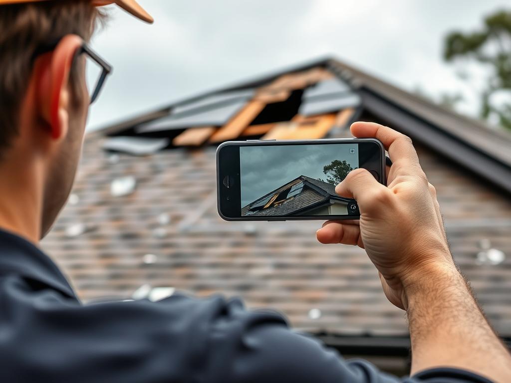 Person dokumentiert Sturmschäden am Dach mit Smartphone für Versicherungsansprüche