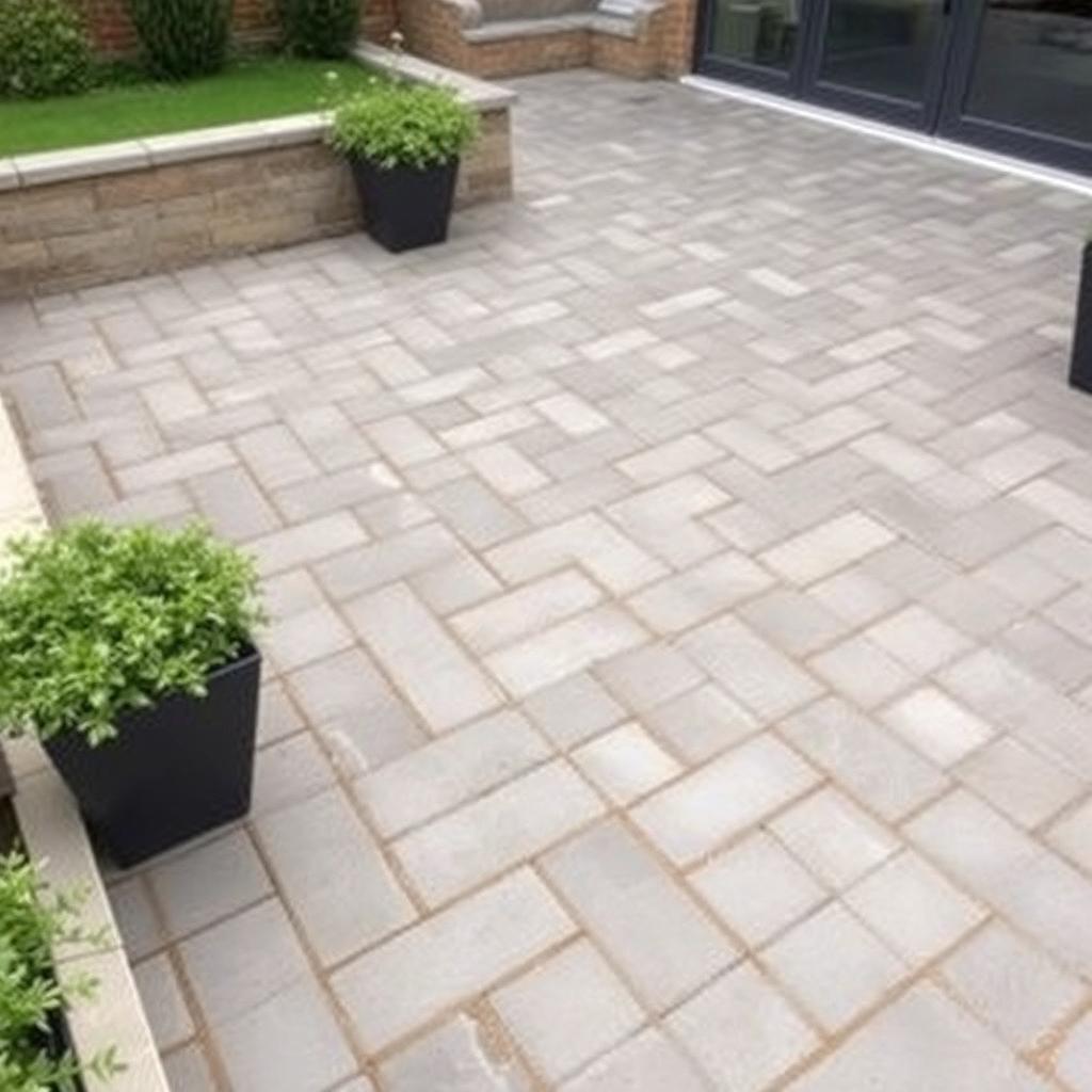 Pflasterarbeiten im Fischgrätverband für eine Terrasse vom Fachbetrieb