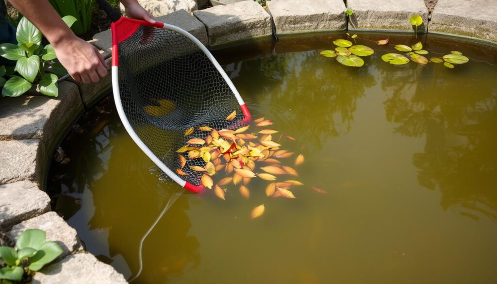 Pflege eines Gartenteichs mit Kescher