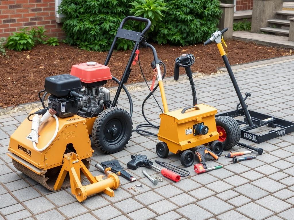 Professionelle Ausrüstung für Pflasterarbeiten: Bodenverdichter, Schneidegeräte und Spezialwerkzeuge