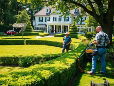 Professionelle Gartenpflege GaLaBau mit Experten bei der Arbeit in einem gepflegten Garten