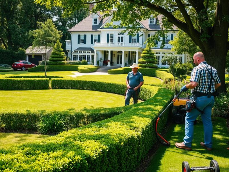 Professionelle Gartenpflege GaLaBau mit Experten bei der Arbeit in einem gepflegten Garten
