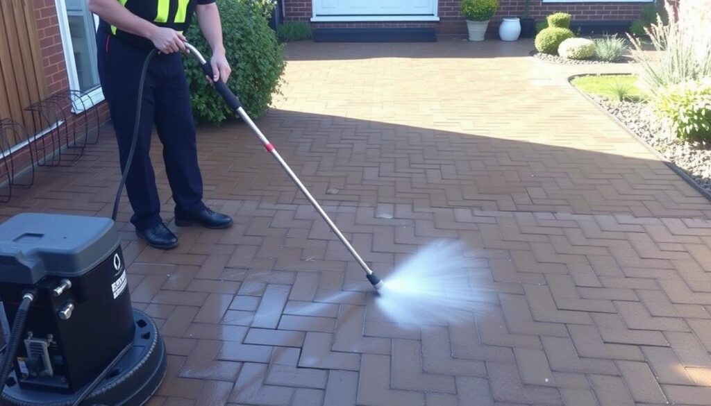 Professionelle Reinigung und Pflege einer gepflasterten Einfahrt vom Fachbetrieb