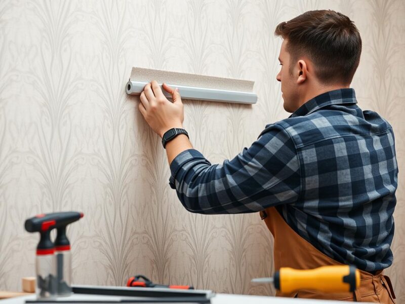 Professionelle Tapezierarbeiten in Hannover mit einem Fachmann, der präzise Mustertapete anbringt