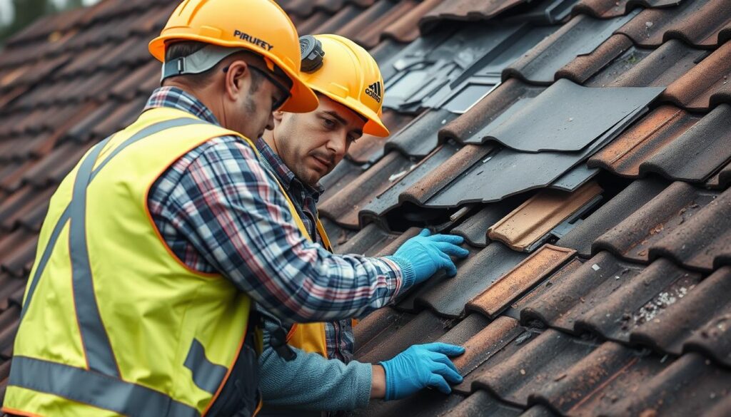 Professioneller Dachdecker bei der Reparatur von Sturmschäden am Dach