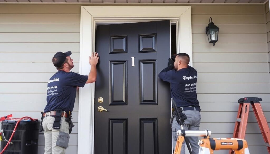 Professionelles Montageteam bei der Haustürinstallation Professionelles Montageteam bei der Haustürinstallation