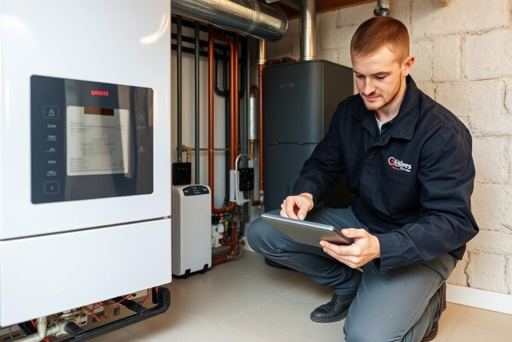 Qualifizierter Heizungstechniker in Niedersachsen bei der Arbeit an einer modernen Heizungsanlage