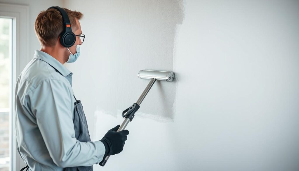 Raufasertapete bei Tapezierarbeiten in Hannover wird von einem Fachmann angebracht