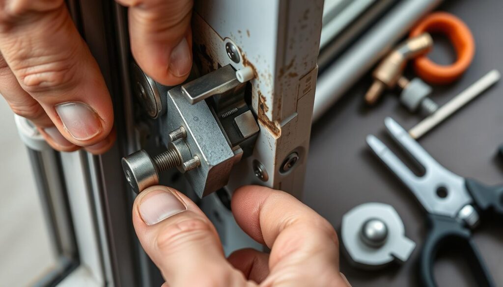 Reparatur eines Fensterschlosses mit Detailansicht der Schließmechanik