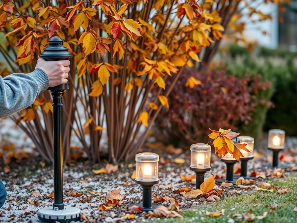 Saisonale Wartung einer Gartenbeleuchtung im Herbst