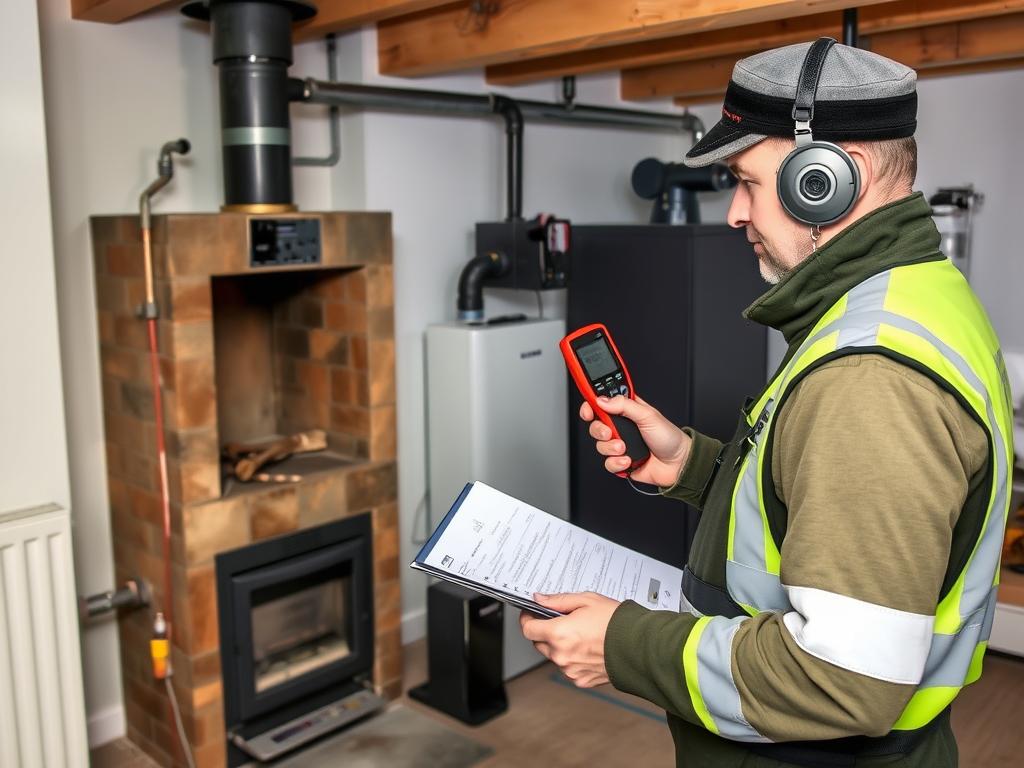 Schornsteinfeger bei der gesetzlichen Emissionsmessung einer Heizungsanlage in Niedersachsen
