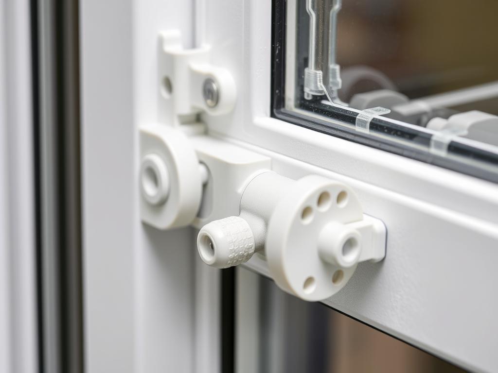 Sicherheitsbeschläge und Pilzkopfverriegelungen an einem Kunststofffenster