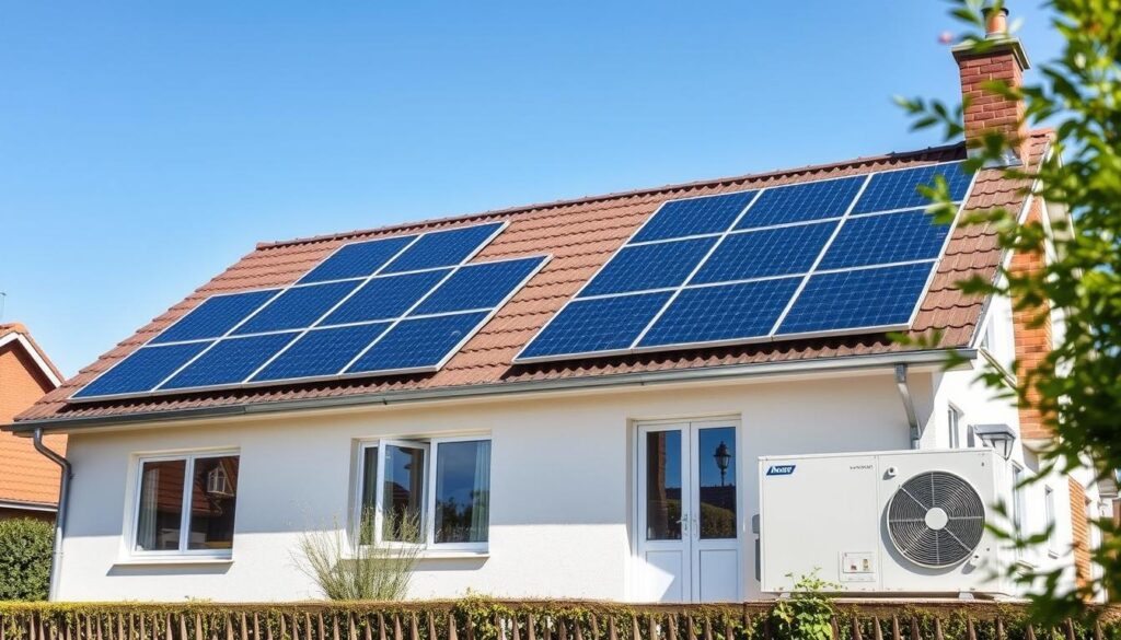 Solartechnik und Wärmepumpe kombinieren - Haus mit Photovoltaikanlage und Außeneinheit einer Wärmepumpe