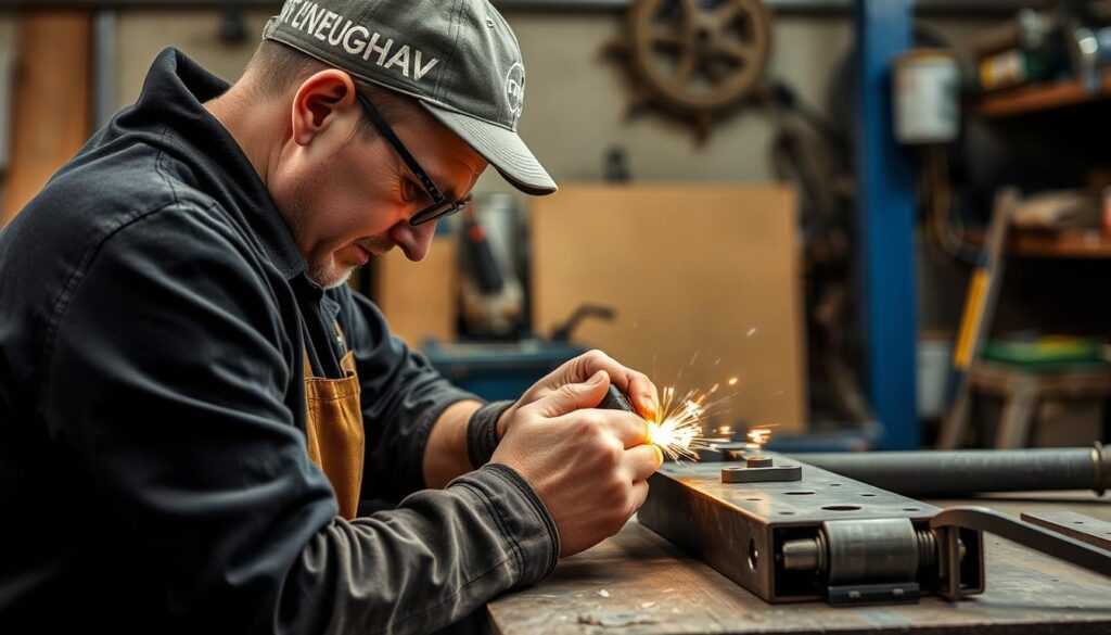 Spengler bei der präzisen Anfertigung eines Metallelements in Niedersachsen
