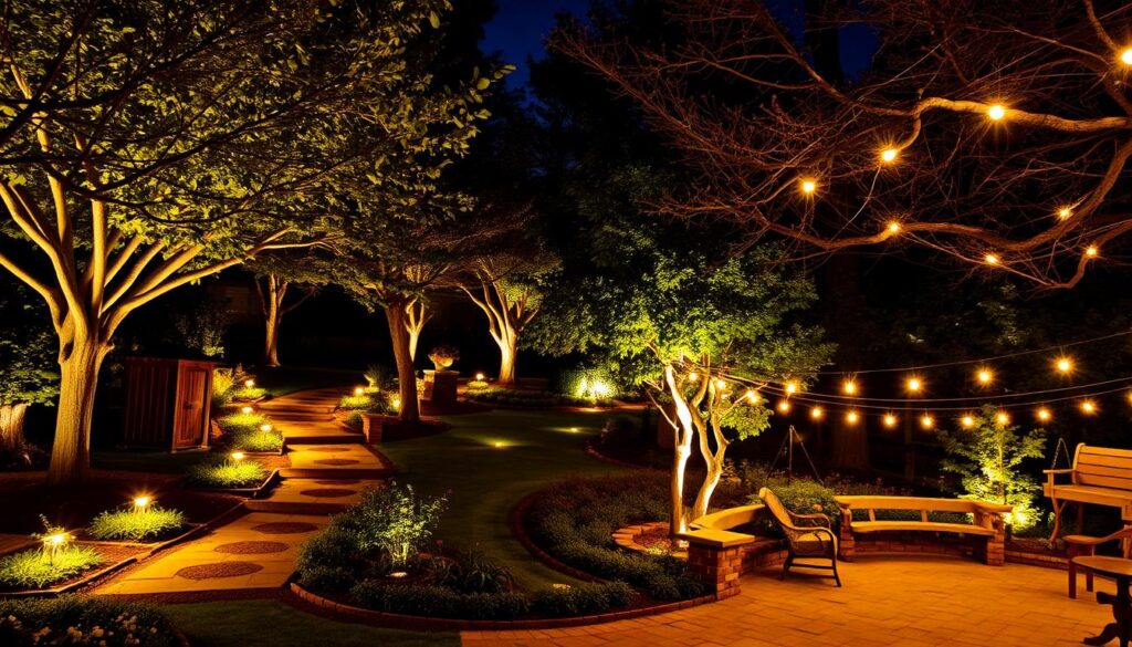 Stimmungsvolle Gartenbeleuchtung mit verschiedenen Beleuchtungstechniken bei Nacht