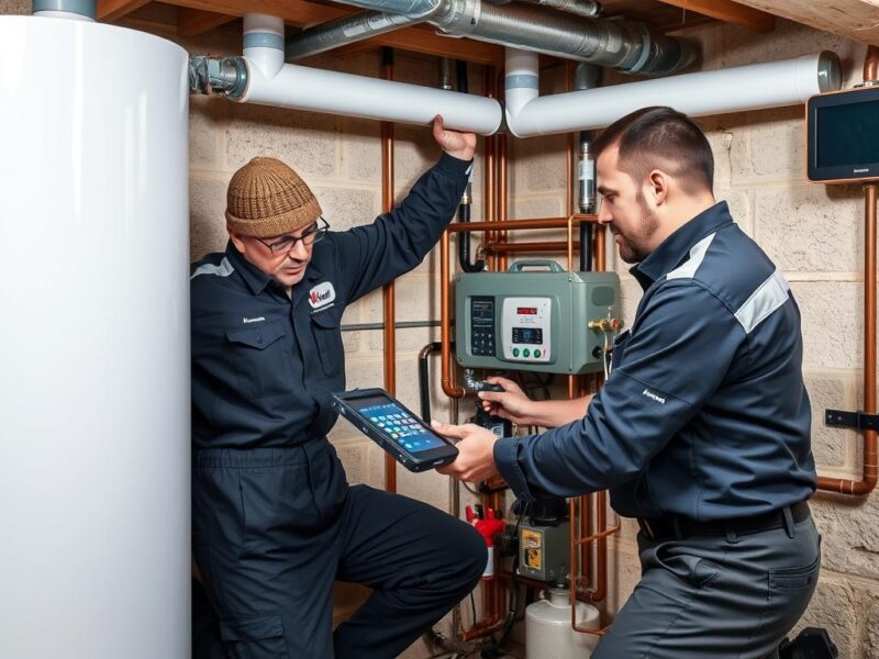 Techniker bei der Heizungswartung in Niedersachsen prüft eine moderne Gasheizungsanlage