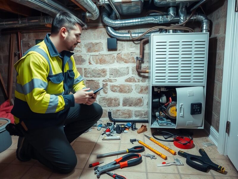 Techniker eines Heizungsnotdienstes bei der Reparatur einer Heizungsanlage