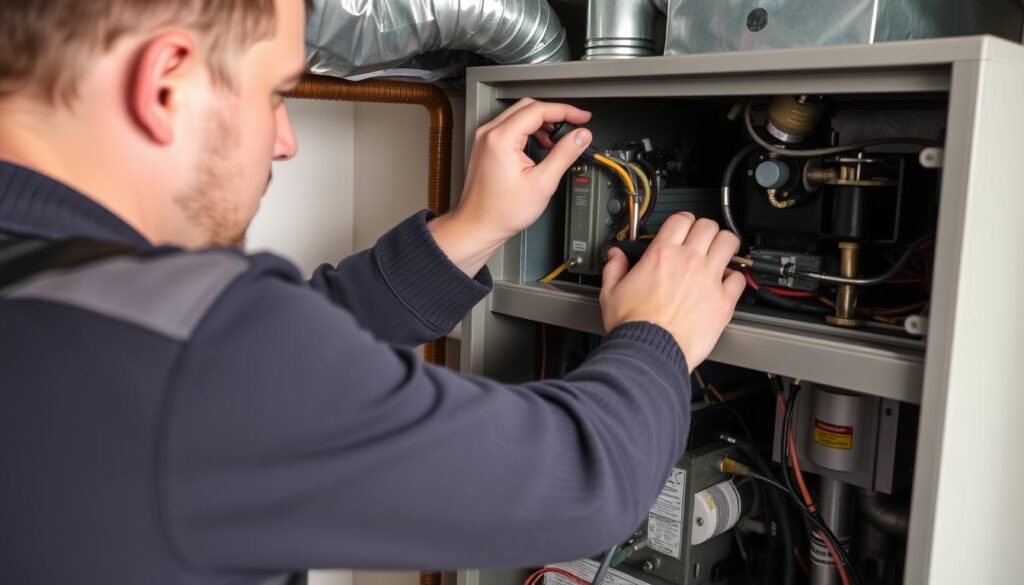 Techniker führt eine regelmäßige Wartung an einer Heizungsanlage durch